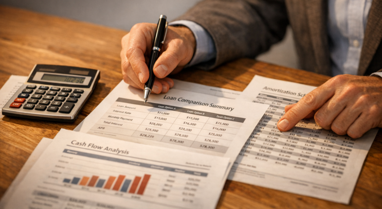 Investor carefully reviewing two loan documents