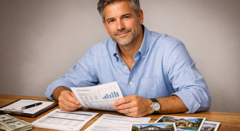 Borrower preparing loan documents at desk