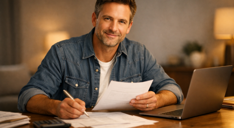 Homeowner reviewing equity loan documents confidently