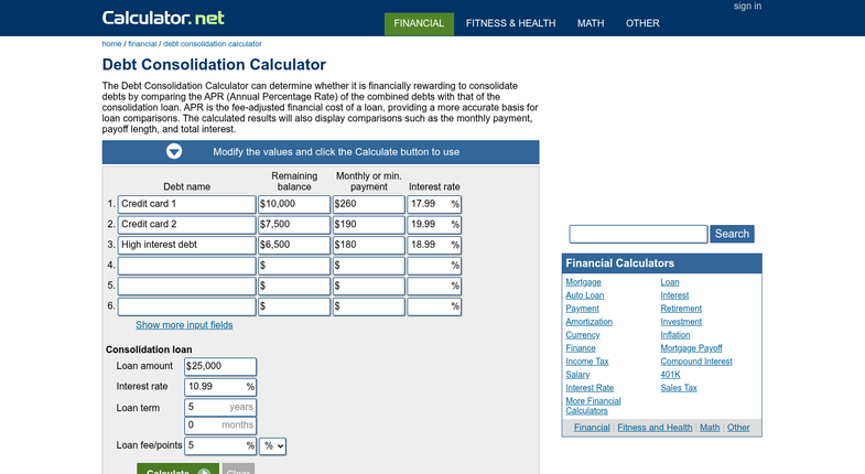 Debt consolidation savings calculator comparison chart