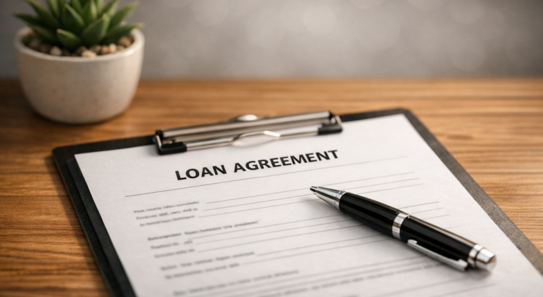 California business loan document with pen signing