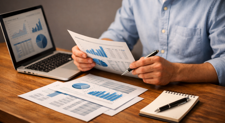 Self-employed person reviewing financial documents carefully