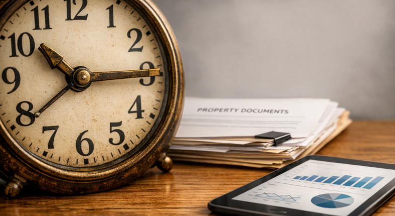 Hourglass beside stalled loan approval paperwork