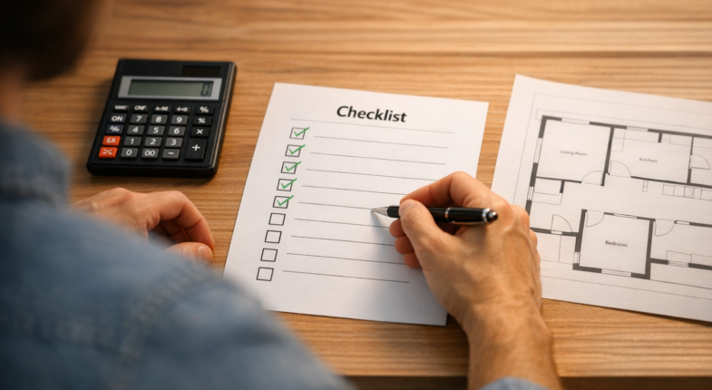 Borrower reviewing financial documents before loan meeting
