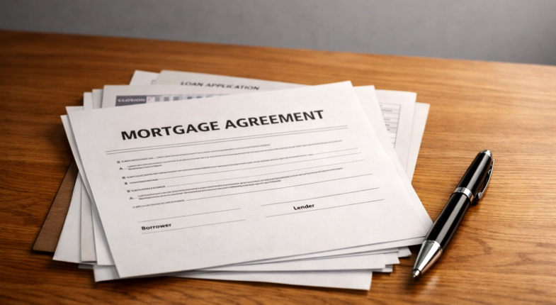 Borrower reviewing loan disclosure documents carefully