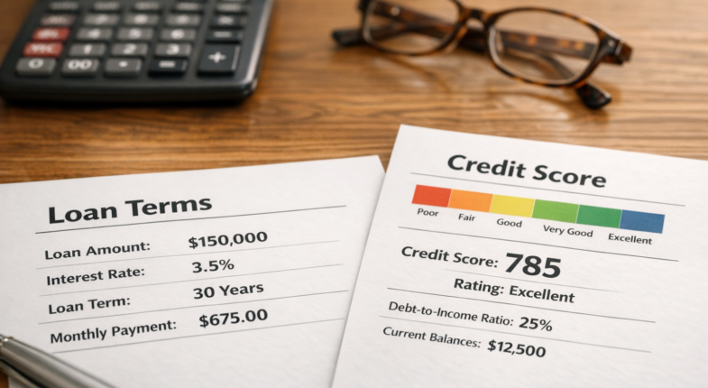 Lender reviewing credit score and loan documents